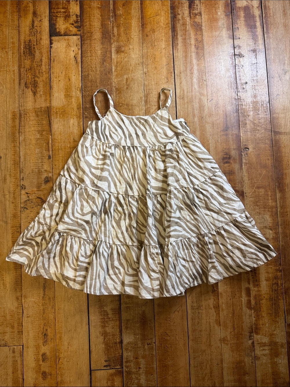 Rare Editions dress 3T Cream tan Tiered zebra print cotton strapless linen dress